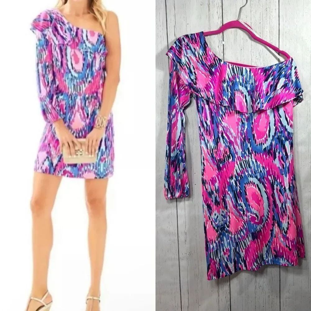 Lilly Pulitzer One Shoulder Mini Dress 100% Silk Pink Blue Ikat Print Ruffle